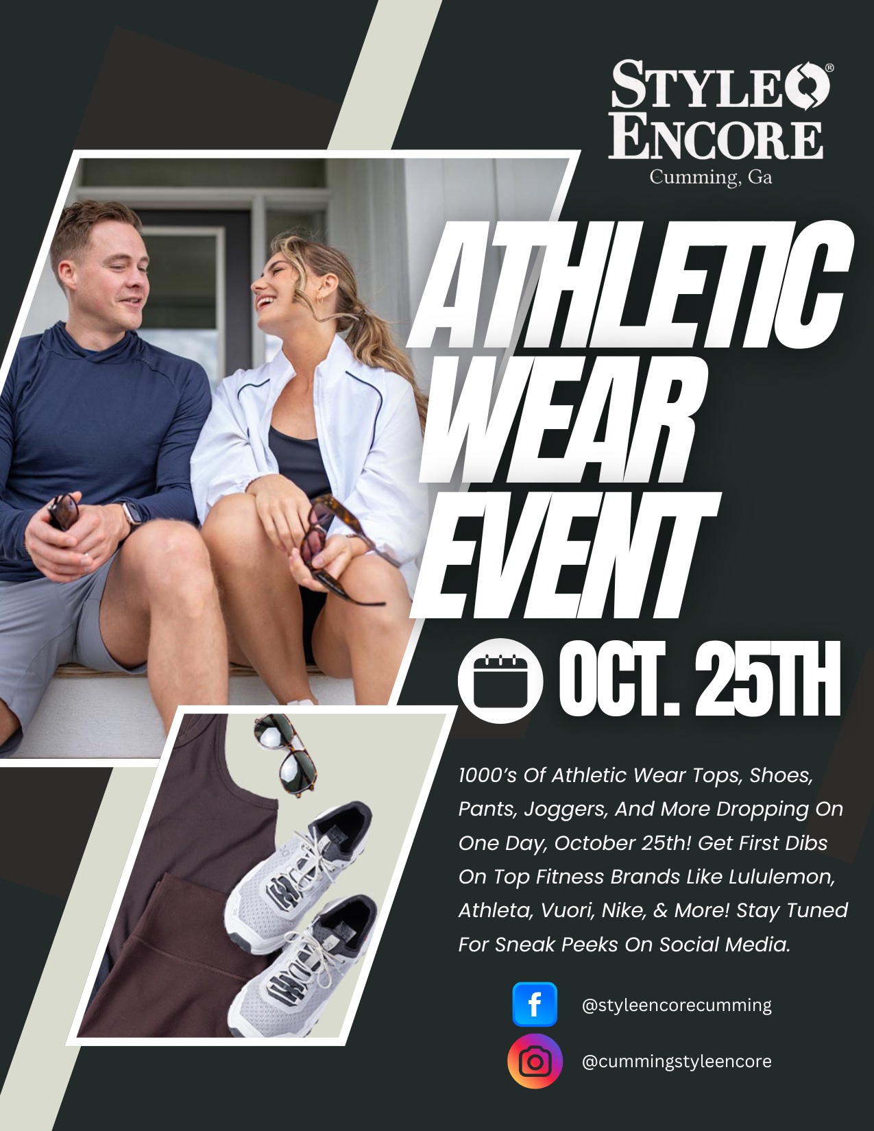 1000's Of Athletic Wear Tops, Shoes, Pants, And Joggers Dropping On One Day-- October 25th. Get First Dibs On Top Fitness Brands Like Lululemon, Athleta, Vuori, Nike, And More! Stay Tuned For Sneak Peeks On Social Media